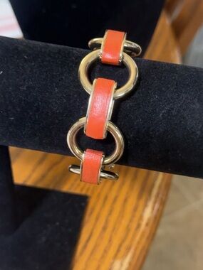Gold Link Bracelet with Orange Leather Inlay